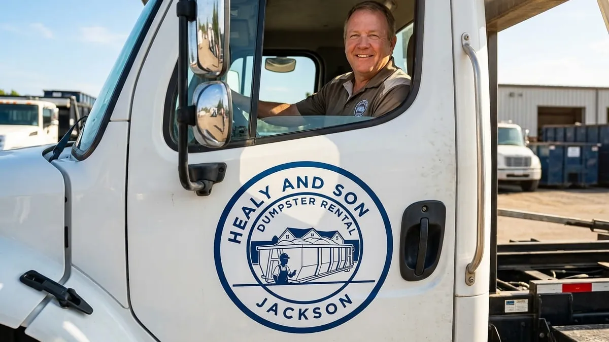 The Healy and Son Dumpster Rental team in Jackson James Healy and the Healy and Son Dumpster Rental Jackson crew at the Jackson yard
