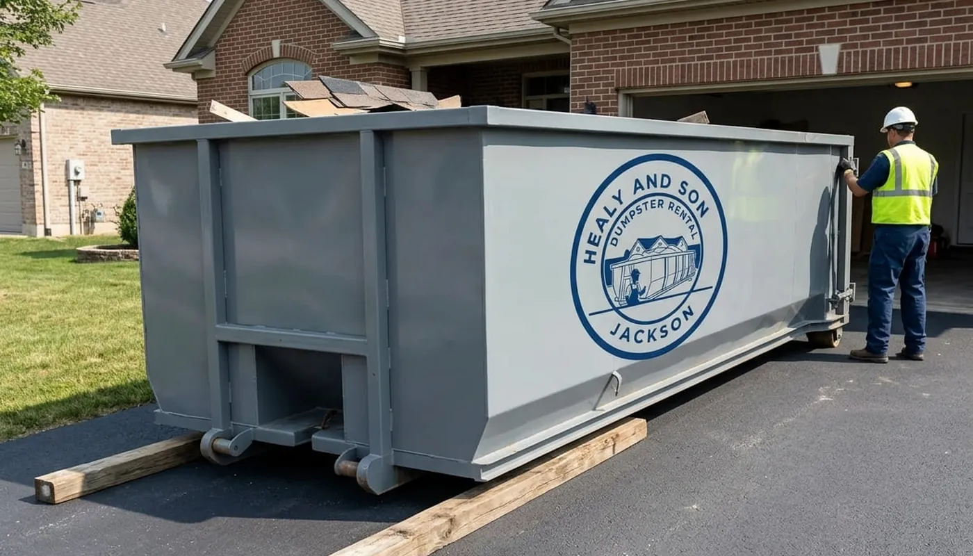 Dumpster rental in Jackson, MS Navy Healy and Son roll-off dumpster being delivered to a Jackson, Mississippi driveway